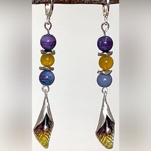Boho Enamel Leaf Statement Dangle Earrings • Purple Yellow Blue Beads  Leverback